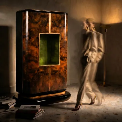 KOKET Women Art Deco luxury armoire with rich wood veneer, green interior detail, black lacquer base and gold accents in a cinematic interior.