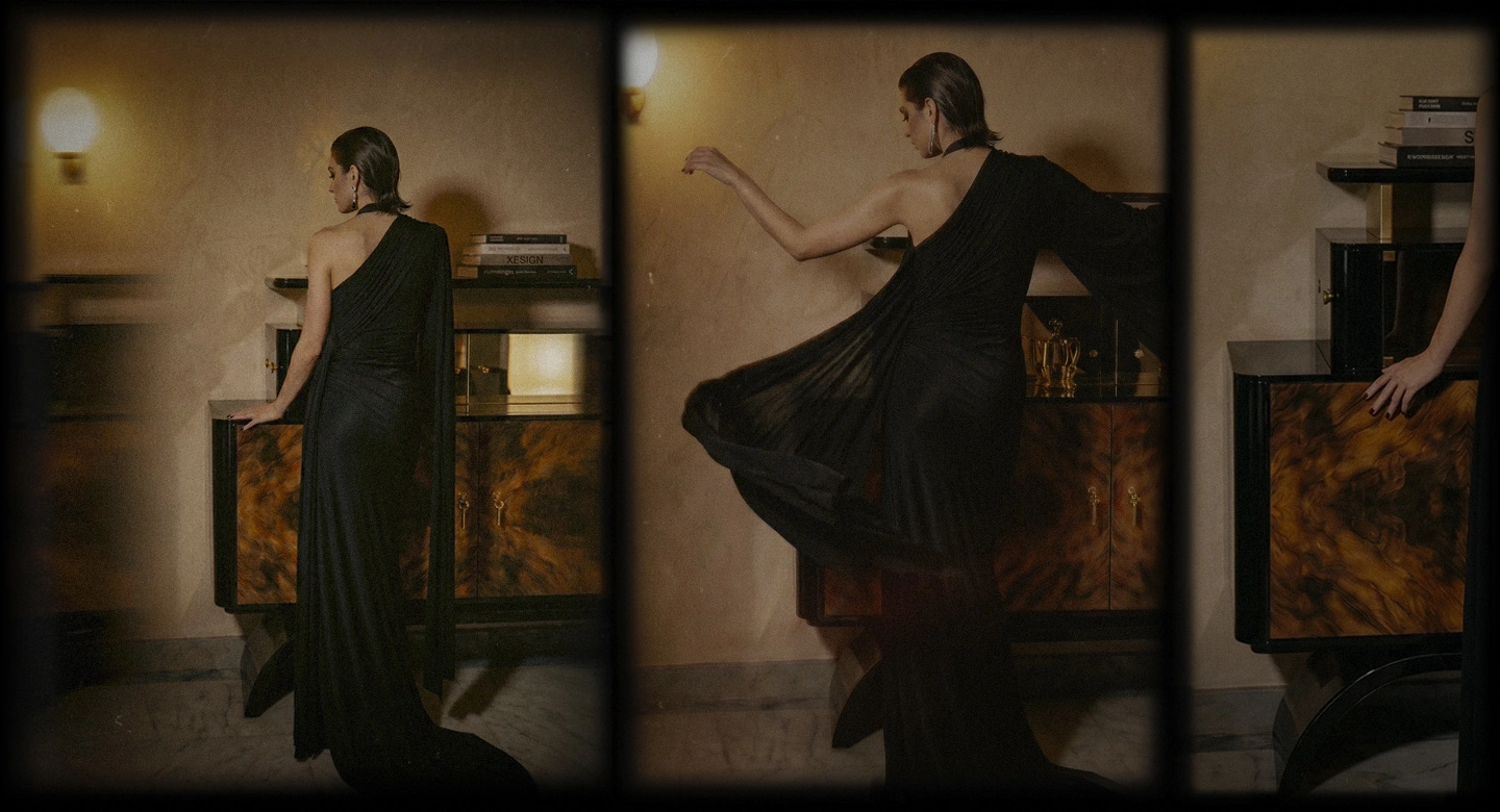 KOKET Women Art Deco luxury chest featured in an editorial triptych with rich wood veneer, glass storage and black lacquer details.