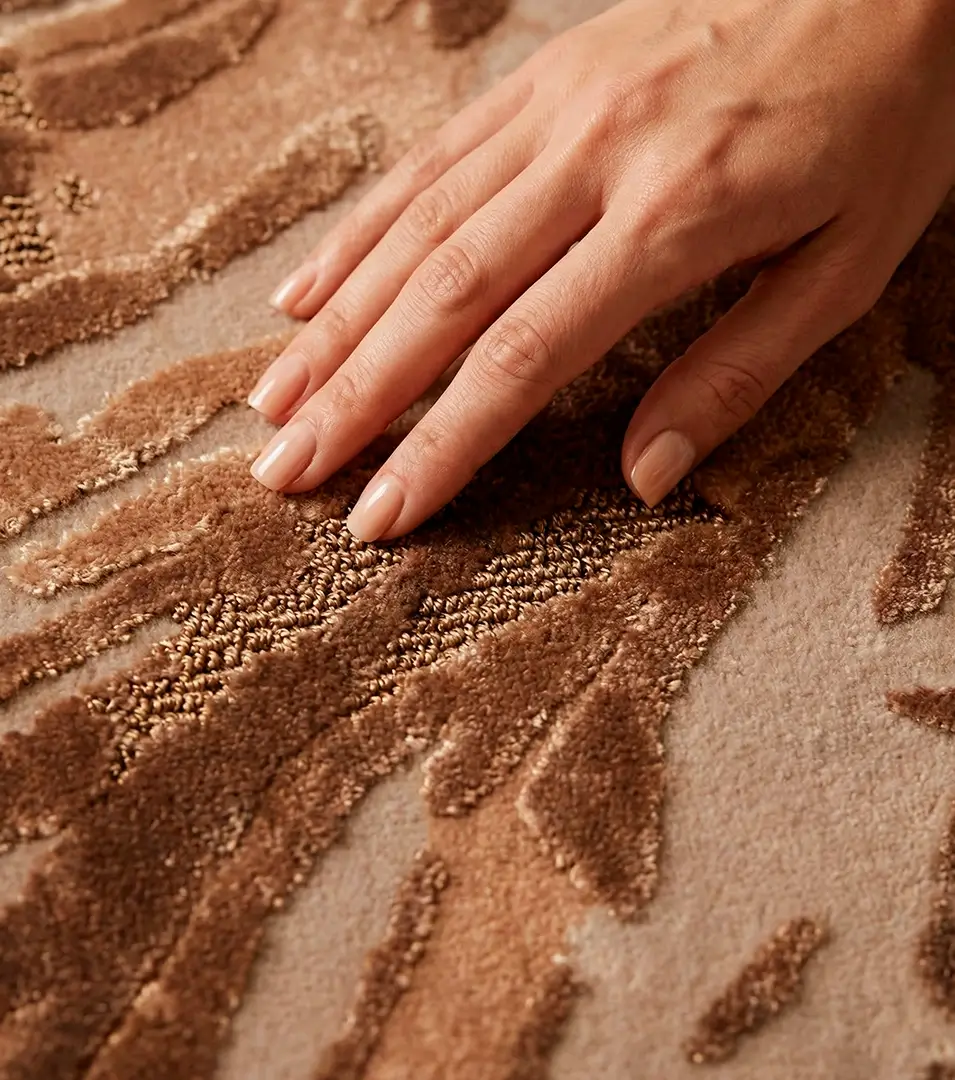 Close-up of a KOKET luxury handcrafted rug, highlighting the rich texture and intricate beige and gold detailing as a hand gently touches the plush designer surface.