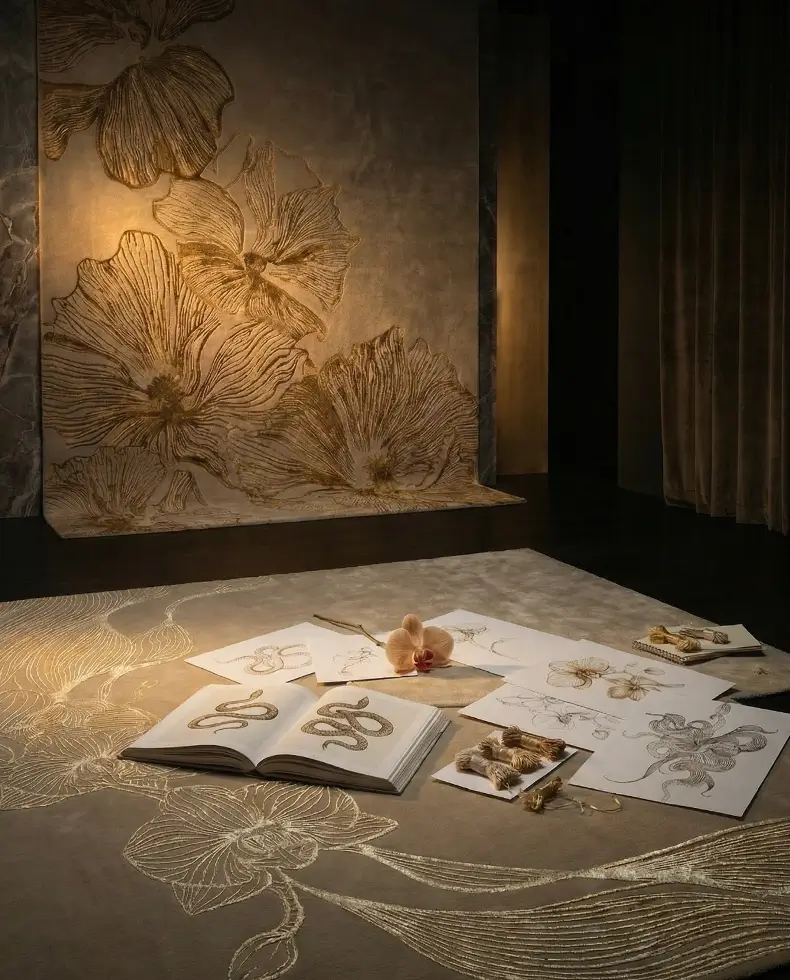 KOKET luxury floral rug displayed in a refined interior, featuring a beige and gold hand-embroidered designer rug alongside artistic sketches and materials highlighting artisanal craftsmanship.
