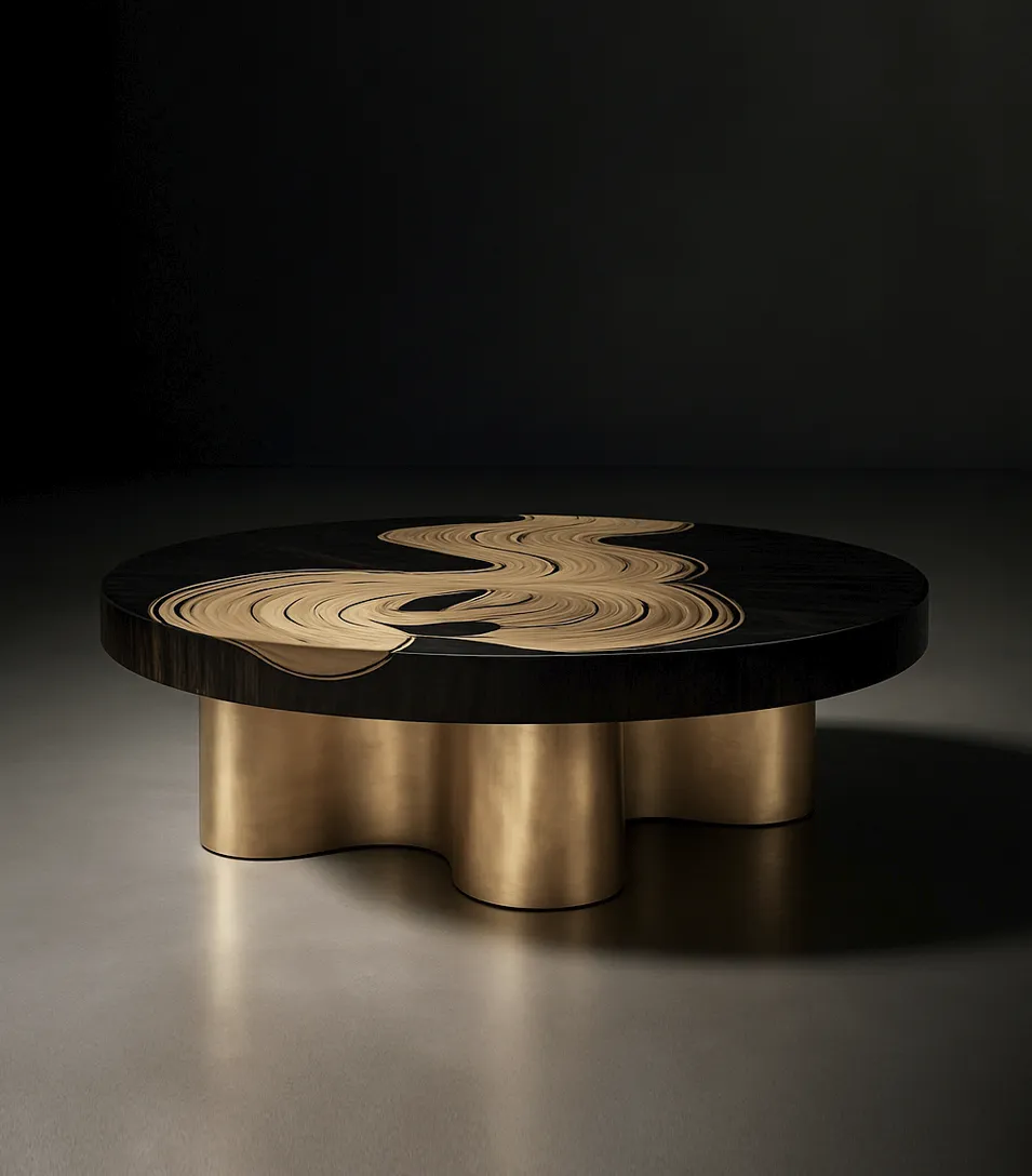 A luxurious Bliss Coffee Table: a black round top with a flowing gold design, supported by a sculptural gold base.