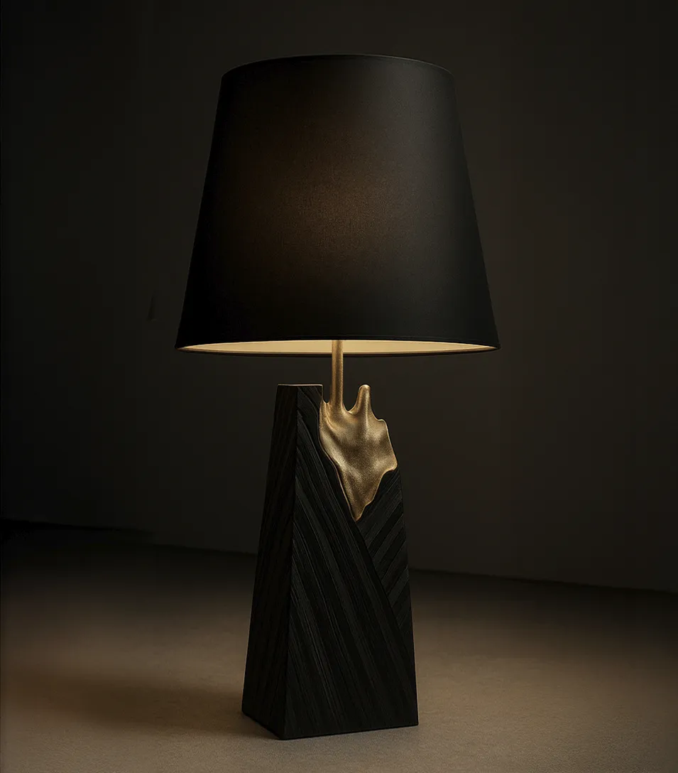 A luxurious Gild Table Lamp featuring a black conical shade, a golden organic-shaped stem, and a textured black trapezoidal base.