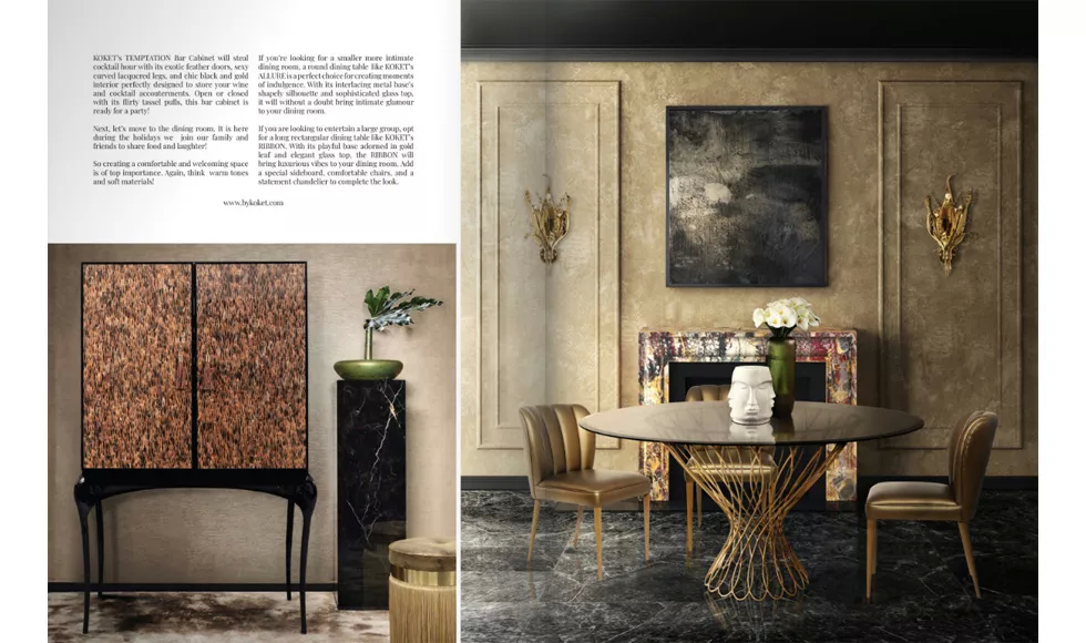 Press clipping from Elevated Luxury, showing a luxurious dining room with the Koket Temptation bar cabinet and Ribbon dining table.