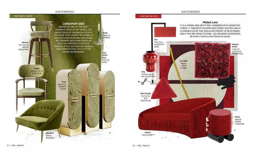 Press clipping of G&G magazine, featuring a Molten Lava mood board with Koket's Vamp Sofa.