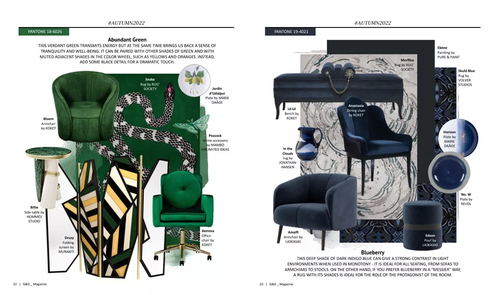 Press clipping of G&G magazine, showcasing Abundant Green and Blueberry mood boards, with various Koket products.