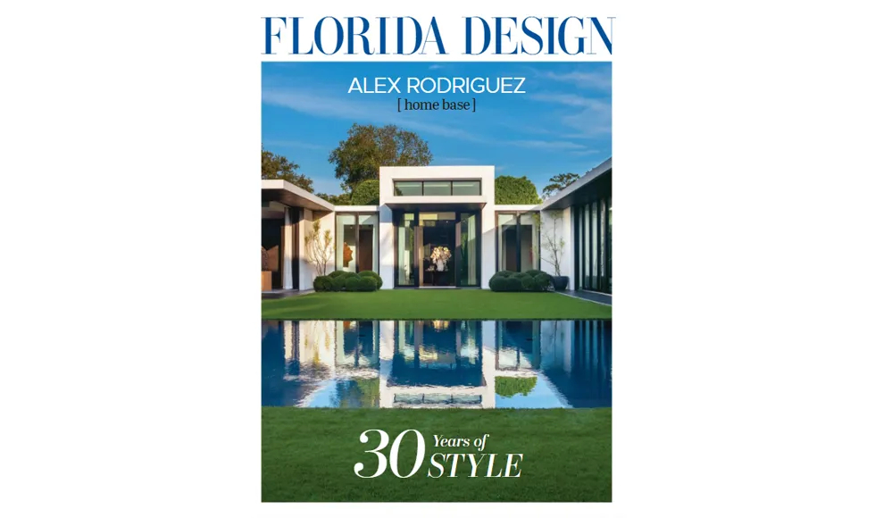 Florida Design Magazine cover with a modern house, a reflecting pool, and "Alex Rodriguez [home base]".