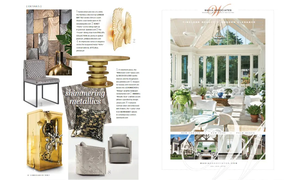 Press clipping from Florida Design Magazine featuring Koket's Pluma Sconce and sunroom by Wadia Associates.