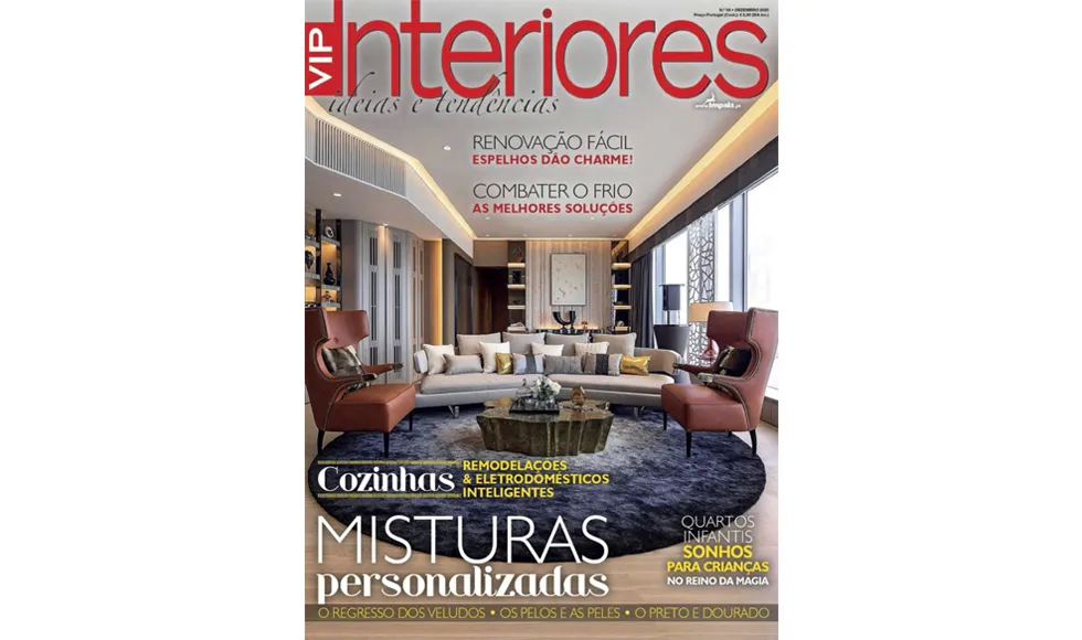 Press clipping of VIP Interiores magazine cover, featuring a modern living room and articles on home decor trends.
