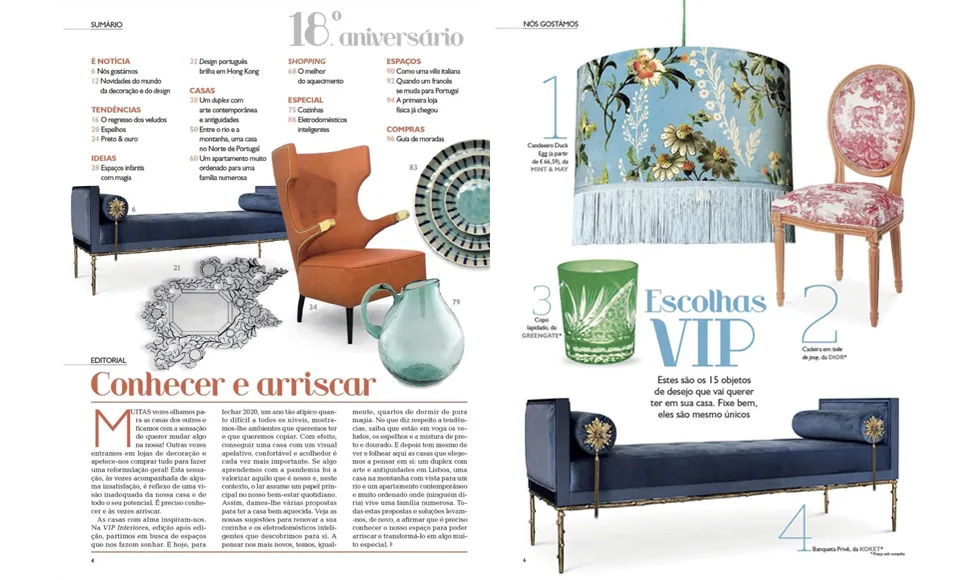 Press clipping from VIP Interiores featuring Koket's Privê Daybed, an orange armchair, and decorative items.