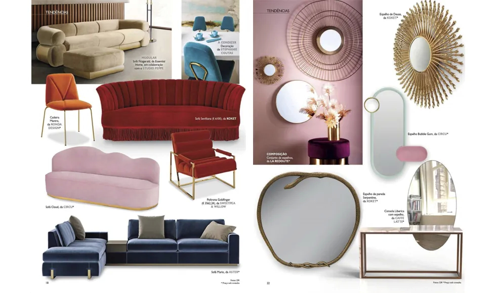 Press clipping from VIP Interiores, featuring Koket's Goddess Mirror, various sofas, armchairs, and mirrors.