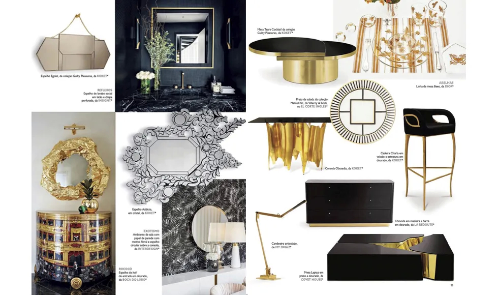 Press clipping from VIP Interiores, featuring Koket's Tears Coffee Table and various luxurious home decor items.