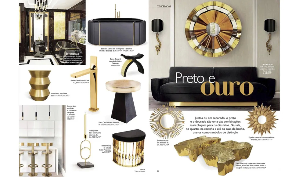 Press clipping from VIP Interiores, featuring Koket's Bolvardi Bench, gold and black furniture, and decorative items.