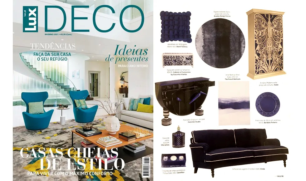 Lux Deco magazine spread with cover showing a modern living room, and an interior design page featuring Koket's Mademoiselle Armoire.