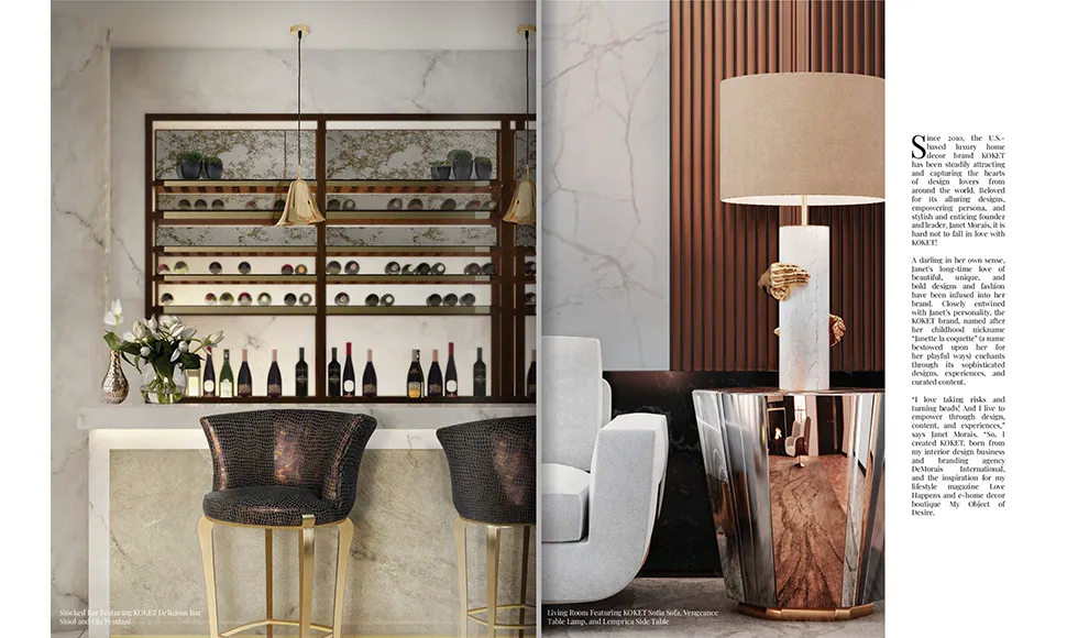 Elevated press clipping showcasing a luxurious bar area with a wine wall and Koket's Vengeance Table Lamp in a living space.