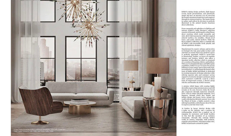 Elevated press clipping: a modern living room featuring a fireplace and large windows, with Koket's Vengeance Table Lamp on a side table.