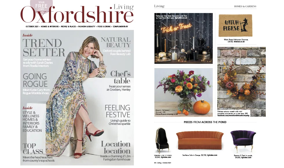 Oxfordshire Living press clipping with cover featuring a woman, plus Halloween decor, floral arrangements, and Koket's Drapesse chair.