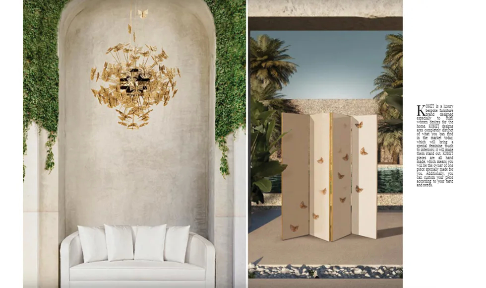 Elevated press clipping showcasing multiple Koket pieces: a gold butterfly chandelier, white sofa, and decorative screen.