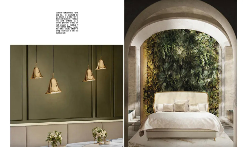 Elevated press clipping showcasing multiple Koket pieces, including a gold chandelier and a black dining table.