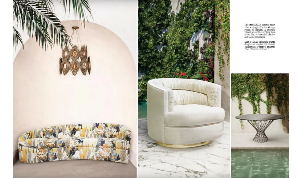 Elevated press clipping showcasing multiple Koket pieces, including a patterned sofa and a cream swivel chair.