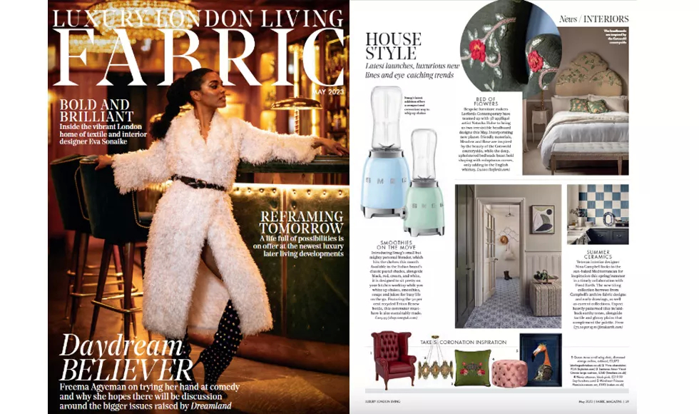 Fabric magazine spread: May 2023 cover with Freema Agyeman in a white coat, plus an interior design feature.