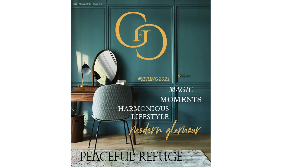 G&G press clipping, the cover, featuring a teal room with a desk, chair, and mirror.