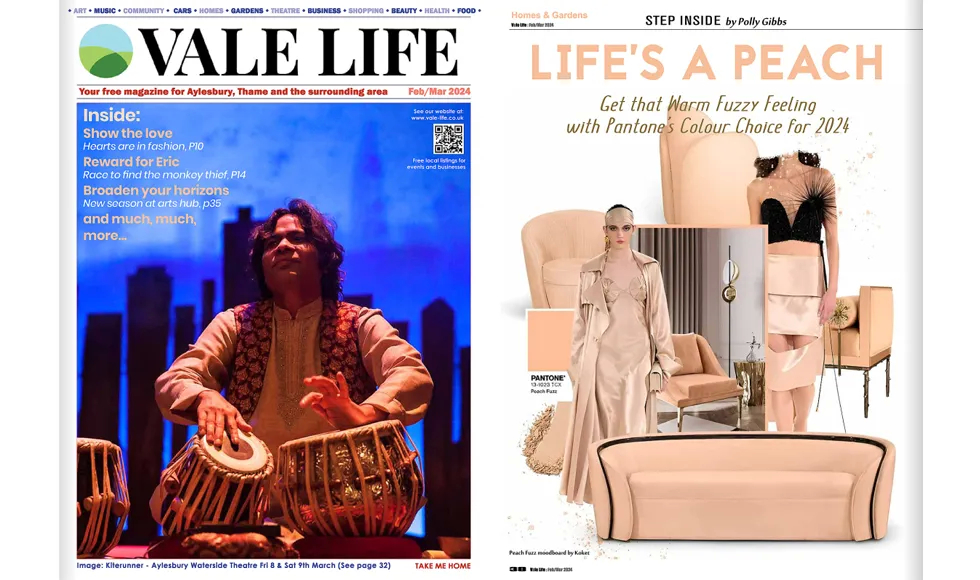 Double-page spread from Vale Life Magazine, Feb/Mar 2024, with a cover featuring a musician and an article Life's a Peach featuring Koket's Sultana Sofa.