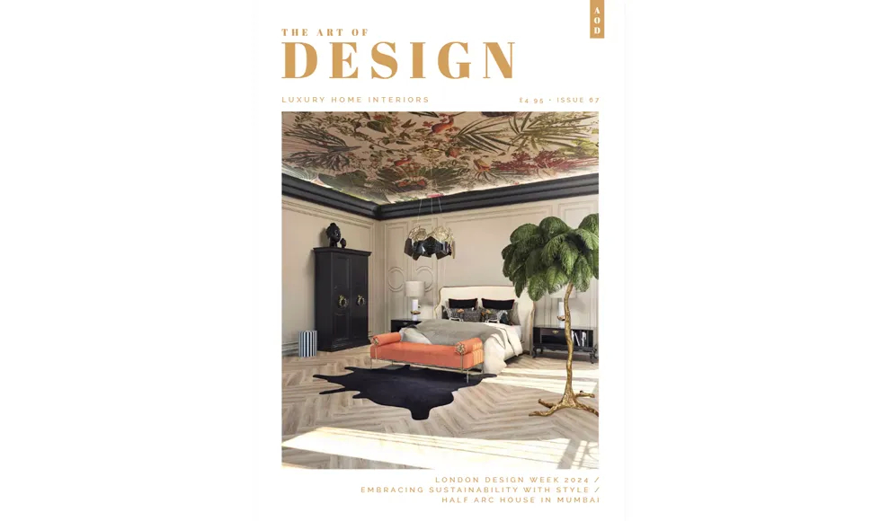 The Art of Design magazine cover, featuring a luxury home interior with a bedroom, a sofa, and a floral ceiling.