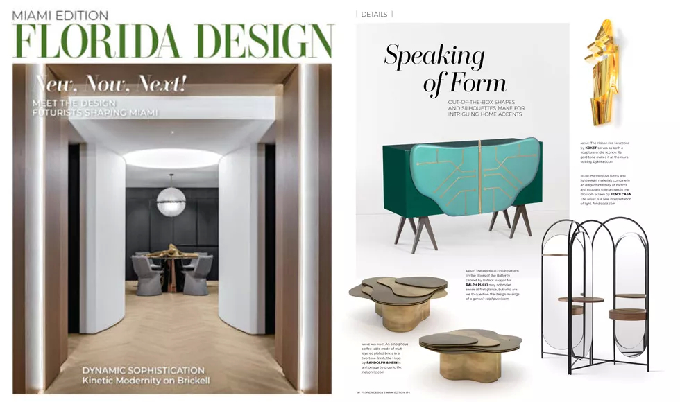 Press clipping from Florida Design Miami, Feb 2023, showcasing a luxurious interior with Koket's elegant Chloe Sconce.