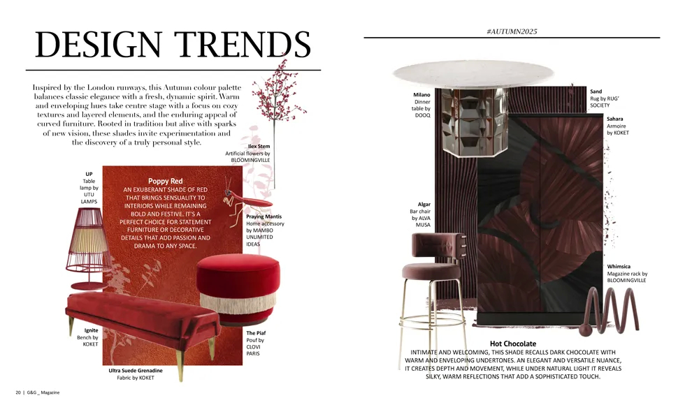 Ignite Bench and Sahara Armoire by KOKET showcased in Italian magazine G&G September 2025 design trends