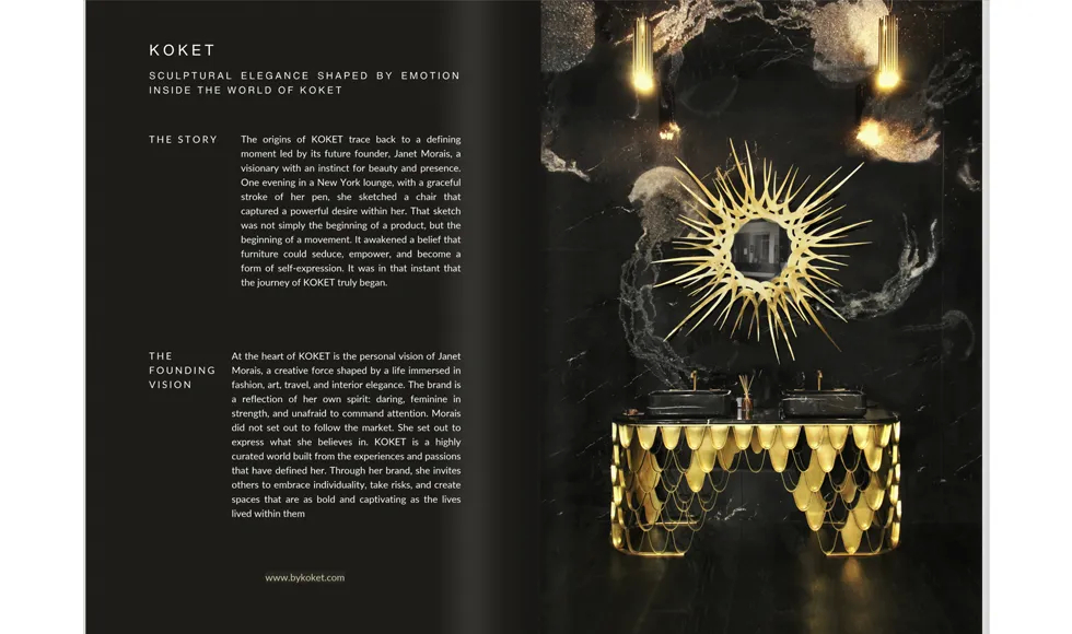 KOKET Guilt Mirror, Chloe Sconces, and Cuff Chair styled in a luxurious foyer interior.