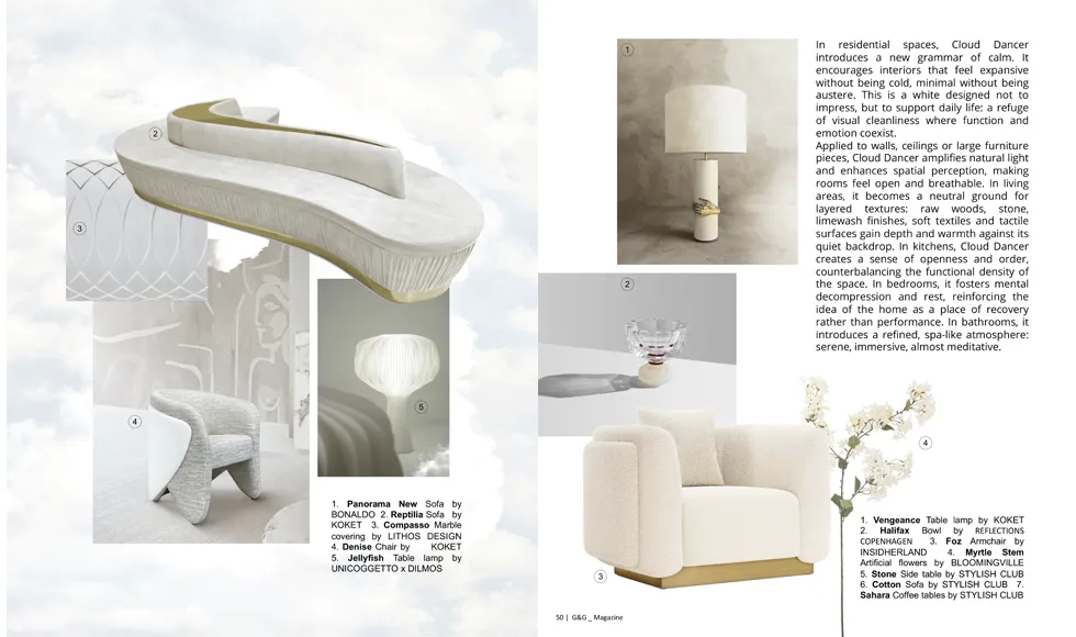 G&G Magazine January 2026 “Cloud Dancer” editorial spread featuring KOKET pieces, including the Reptilia Sofa and Vengeance Table Lamp, in a soft neutral interior story.