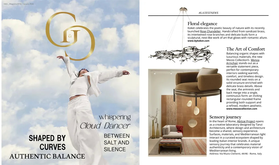 G&G Magazine January 2026 spread featuring the cover and “Latest News” page with KOKET’s Rose Chandelier highlighted as sculptural luxury lighting.