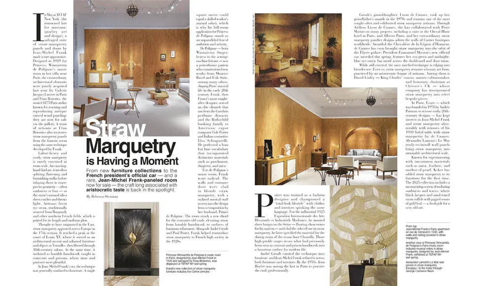 PaperCity feature “Straw Marquetry is Having a Moment,” highlighting KOKET’s Celine Armoire in straw marquetry within a straw-paneled Paris interior, alongside warm, textural room photography.