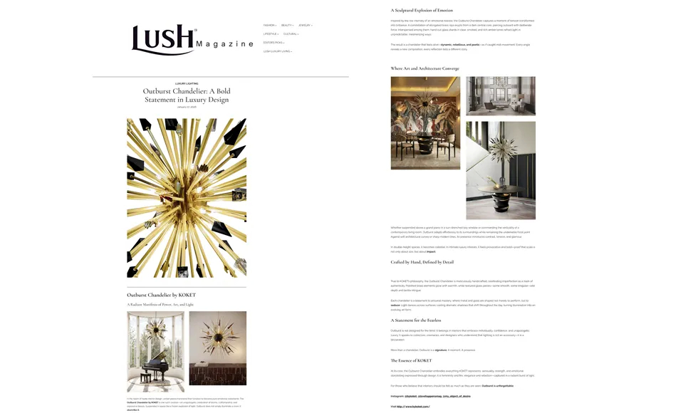 Lush Magazine double-page feature on KOKET’s Outburst Chandelier, showcasing the sculptural brass starburst design in luxury interiors and editorial layout.