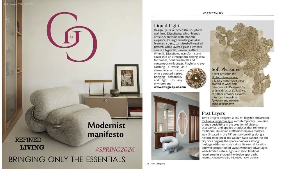 KOKET Hibiscus Bronze Rug featured in G&G Magazine Spring 2026 luxury interior design editorial.
