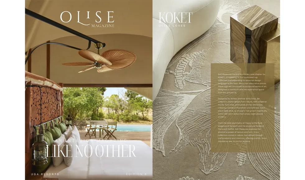 OLISE Magazine cover beside KOKET's Soft Pleasures rug with botanical relief, from the OLISE Loves feature.