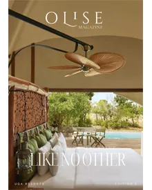 OLISE Magazine June 2026 cover showing a UGA Resorts tented suite with a palm-leaf ceiling fan.