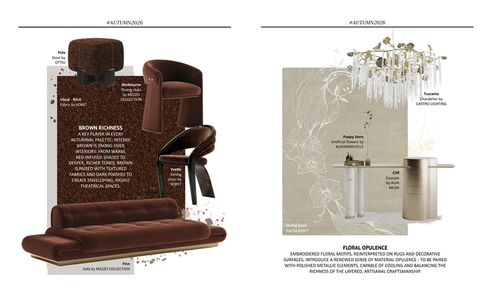 G&G Magazine Autumn 2026 Design Trends featuring KOKET Ubud Brick fabric, Yvette Dining Chair and Orchid Sand rug.