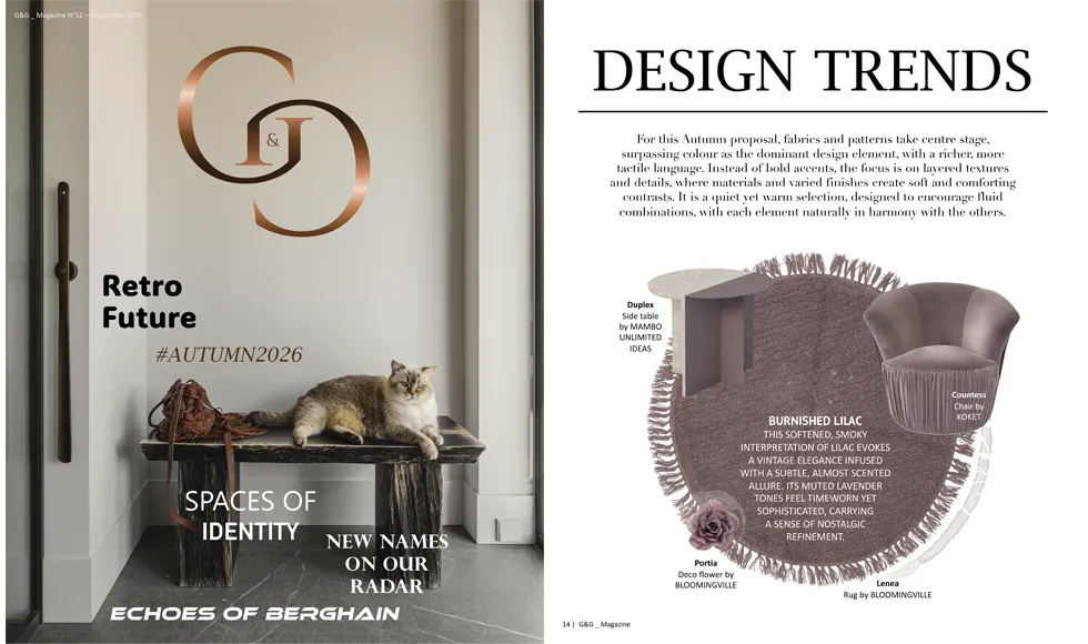 G&G Magazine Autumn 2026 Design Trends feature with the KOKET Countess Chair in the Burnished Lilac edit.