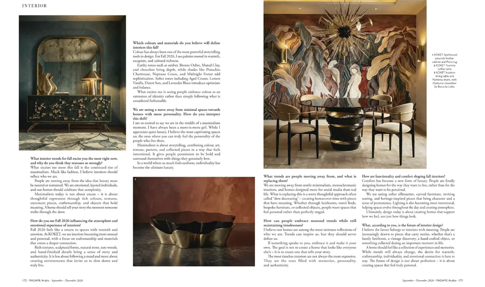 MADAME Arabia A Maximalist Fall featuring KOKET Spellbound cabinet, Flora rug, Yasmine coffee table, Intuition dining table and Nahéma chairs.