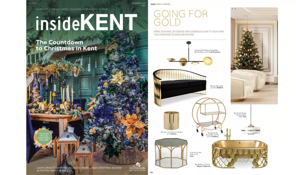 A festive insideKENT magazine spread with a Christmas tree, showcasing luxurious gold decor and Koket's Mandy Sofa.