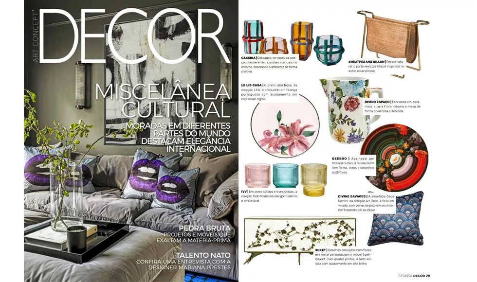 Decor magazine spread with Miscelânea Cultural cover, featuring a living room and a mood board with Koket's Spellbound Cabinet.