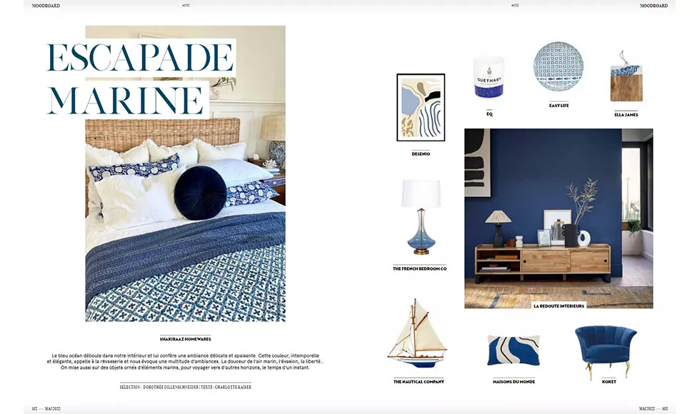 Press clipping from Femmes magazine with a Marine Escapade mood board, featuring Koket's Besame Chair.