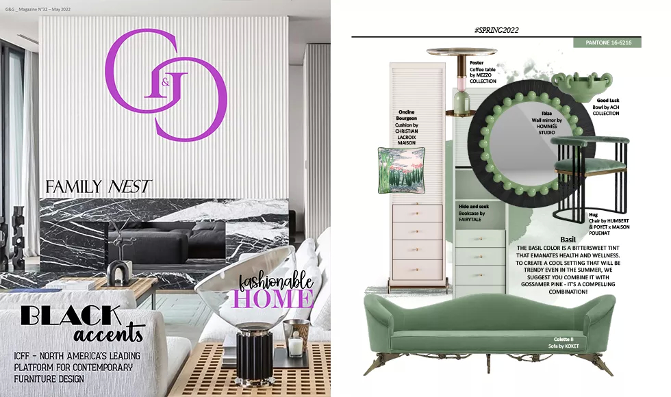 G&G magazine spread showcasing a green Colette Sofa, a coffee table, and a wall mirror, focusing on fashionable home decor.
