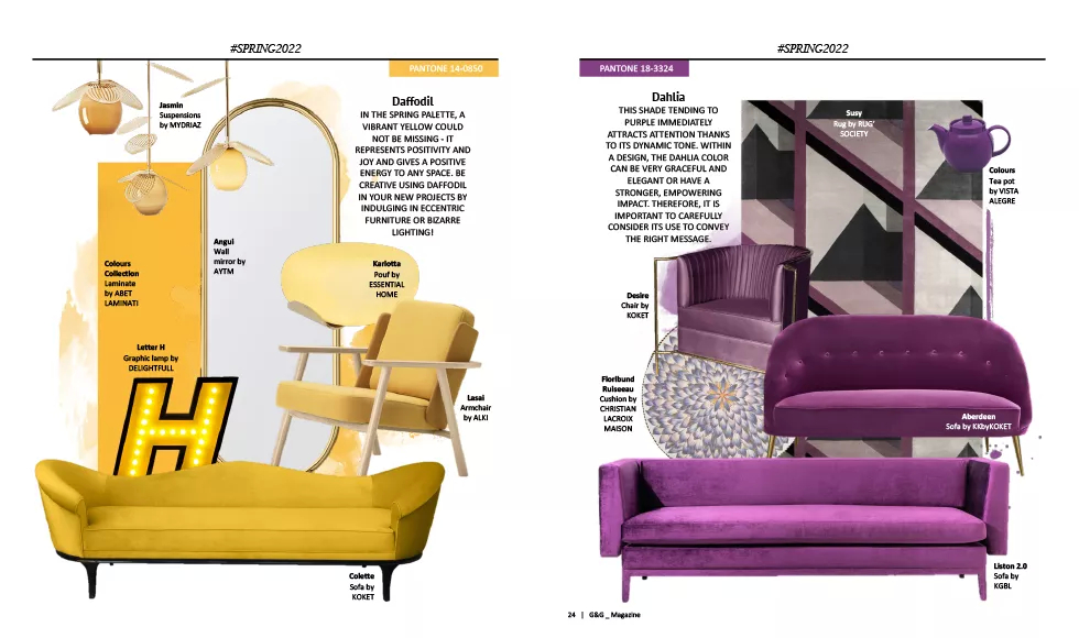 G&G magazine spread showcasing two color palettes: Daffodil with a yellow Colette Sofa and Dahlia with a purple velvet sofa.