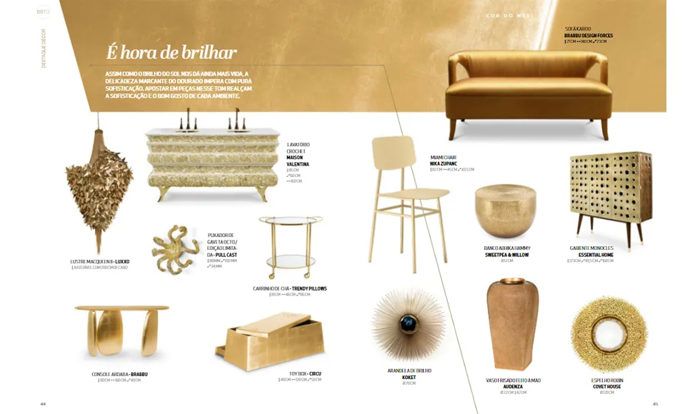 Destaque Decor press clipping, "É hora de brilhar," showcasing luxurious gold furniture, including Koket's Brilliance Sconce.