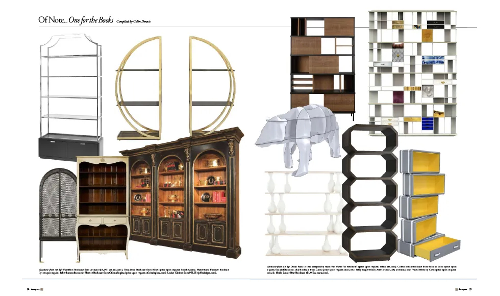Sophisticated Living press clipping, Of Note… One for the Books, featuring Koket's Decadence Bookcase and other shelving.