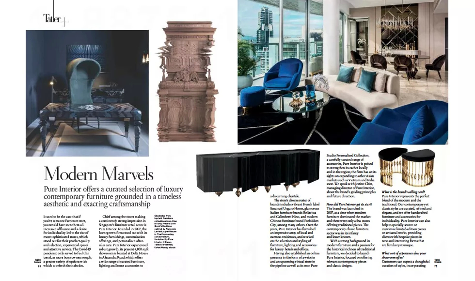 Tatler Homes press clipping showcasing a living room with a blue velvet sofa, matching armchairs, and a golden Koket Mandy Stool.