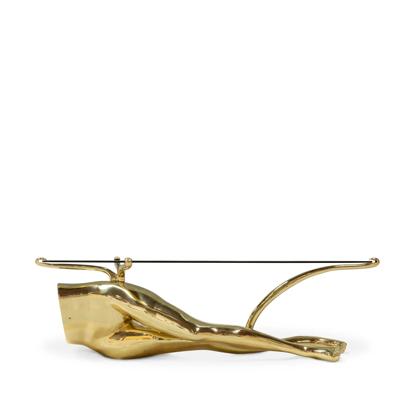 The Tabu Polished Brass Coffee Table, with an oval glass top supported by a unique human figure brass base.