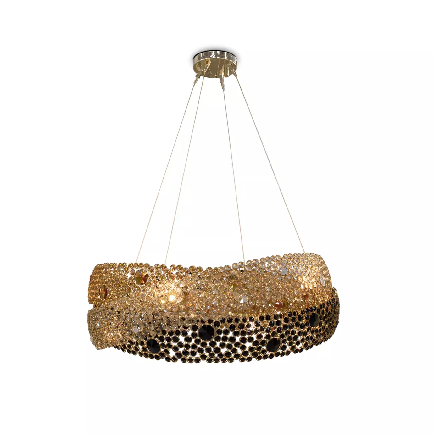 A luxurious Trinity Chandelier, a circular gold and black crystal chandelier, sparkles on a white background.